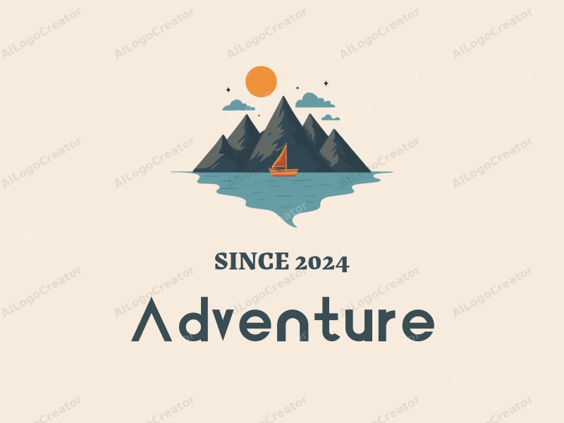 playful design features stylized mountains and sailing elements, combined with adventure and exploration themes, set against a clean background.