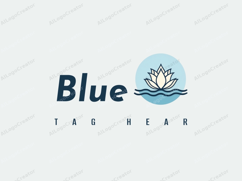 minimalist design features a stylized lotus flower emerging from gentle waves, set against a serene blue sky, creating a harmonious and clean composition.