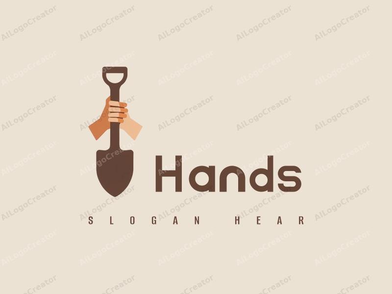 a modern design featuring a hand holding a shovel, combined with another hand gripping an object, all in skin tone colors, set against a clean and simple background.