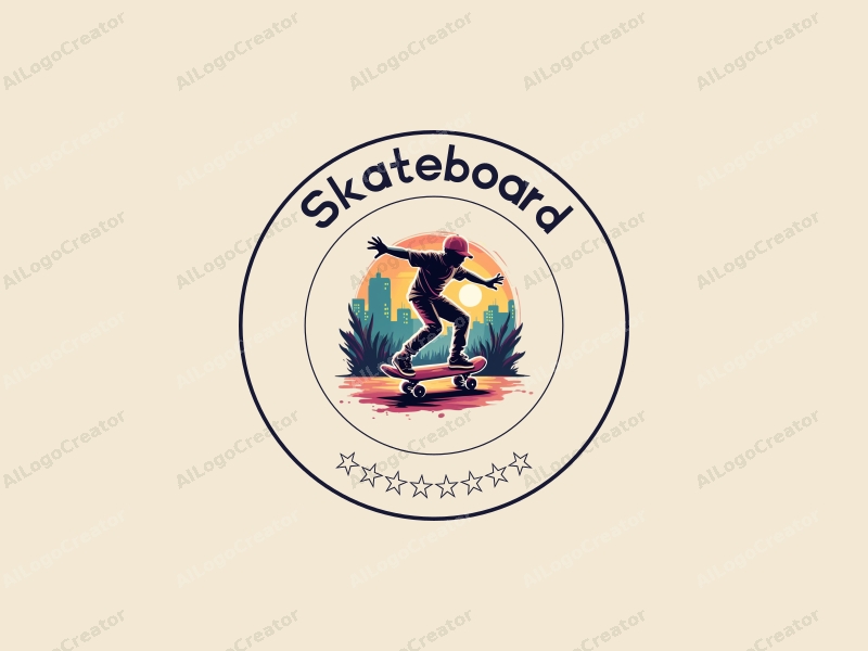 playful design features a vibrant skateboard, a dynamic skateboarder in action, and an urban background with abstract city elements combined with a clean and simple layout.