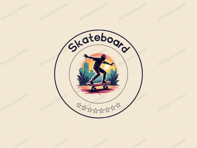 fröhliches Design mit einem strahlenden Skateboard, einem dynamischen Skateboarder in Aktion und einer urbanen Hintergrund mit abstrakten Stadtelementen, kombiniert mit einem sauberen und einfachen Layout.