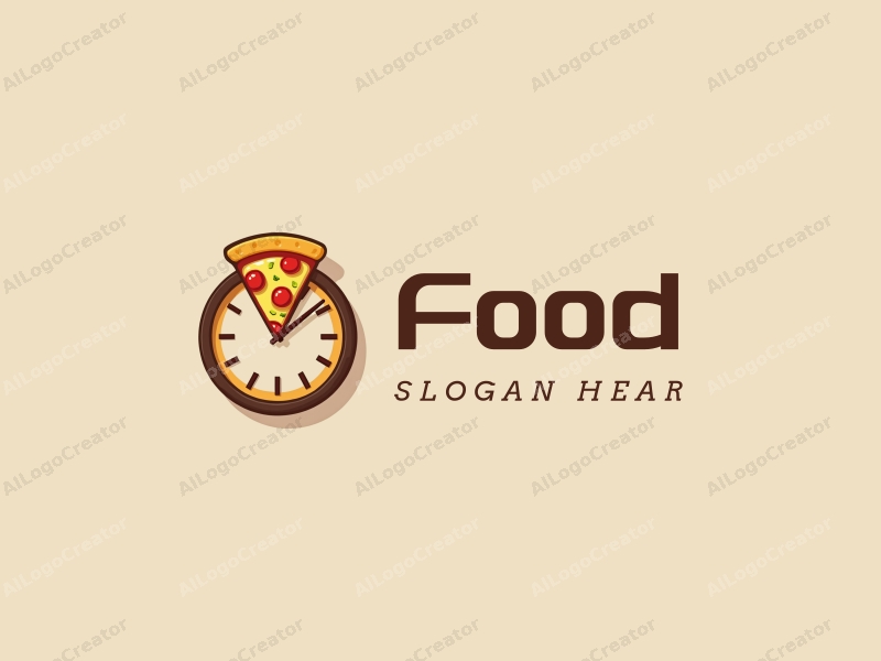 a modern design featuring a vibrant pizza slice and a stylized clock, incorporating food elements with a clean background and a harmonious composition.