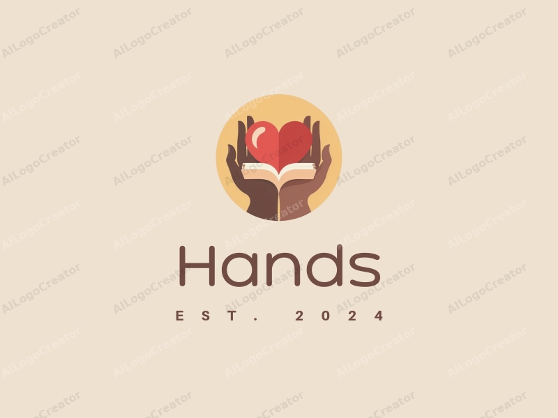 a modern design featuring a hand gently holding a heart and a book, with skin tone colors, combined with a clean and simple background.