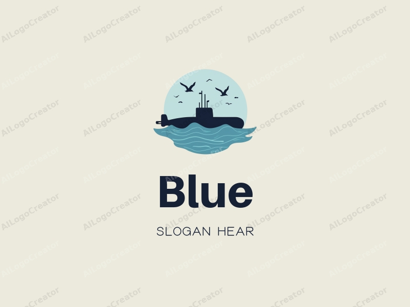 minimalist design features a stylized submarine and flying birds against a blue ocean and sky background, creating a harmonious and clean composition.