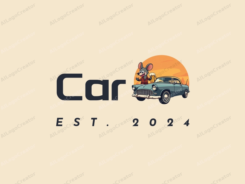 a modern design featuring a stylized car silhouette, a punk mouse character, and a beer mug, combined with a clean background and a harmonious composition.