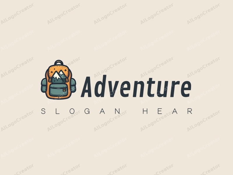 playful design features a stylized backpack and mountain peaks, incorporating elements of adventure and exploration with a clean background.