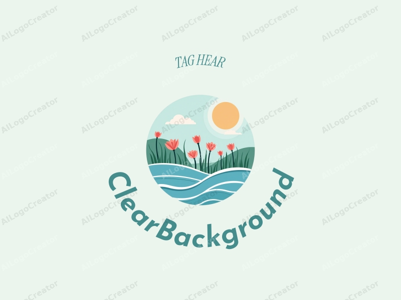 minimalist design features a serene background with clear water waves, spring motifs like blooming flowers and gentle ripples, combined with a clean and airy composition.