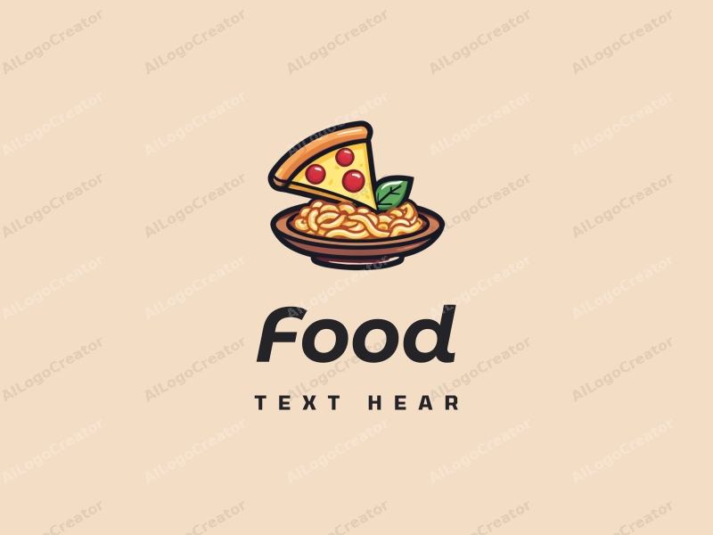 a modern design featuring vibrant colors, a stylized pizza slice and a plate of pasta, combined with a clean background and a harmonious composition.