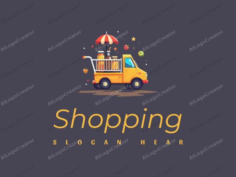 a modern design featuring a colorful shopping cart and a stylized coffee truck with drinks, combined with a clean background and a harmonious layout.