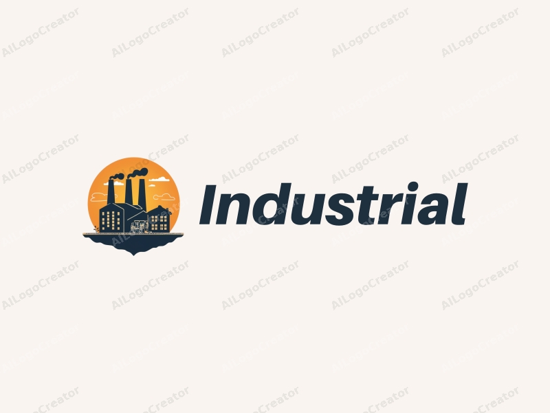 modern design features a stylized factory silhouette, interlocking gears, and a conveyor belt, combined with a clean background.