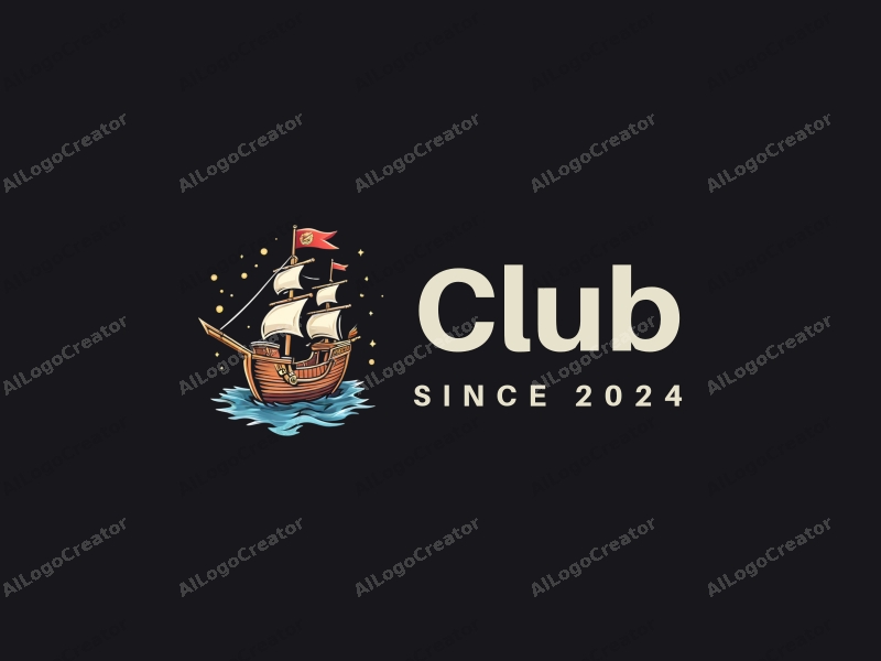 a modern design featuring a stylized pirate ship and treasure, combined with club elements, set against a clean black background.