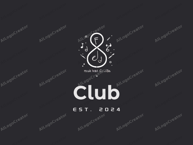 a modern minimalist design featuring a stylized club silhouette, intertwined musical notes and speech bubbles, combined with a clean black background.