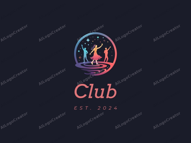 a modern design featuring a stylized club scene with abstract representations of music notes and dance figures, combined with a clean black background.