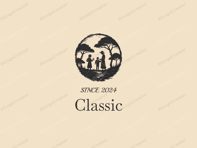 vintage design features classic and traditional motifs, stylized human figures engaged in activities, combined with a harmonious composition of dark and neutral colors on a clean background.