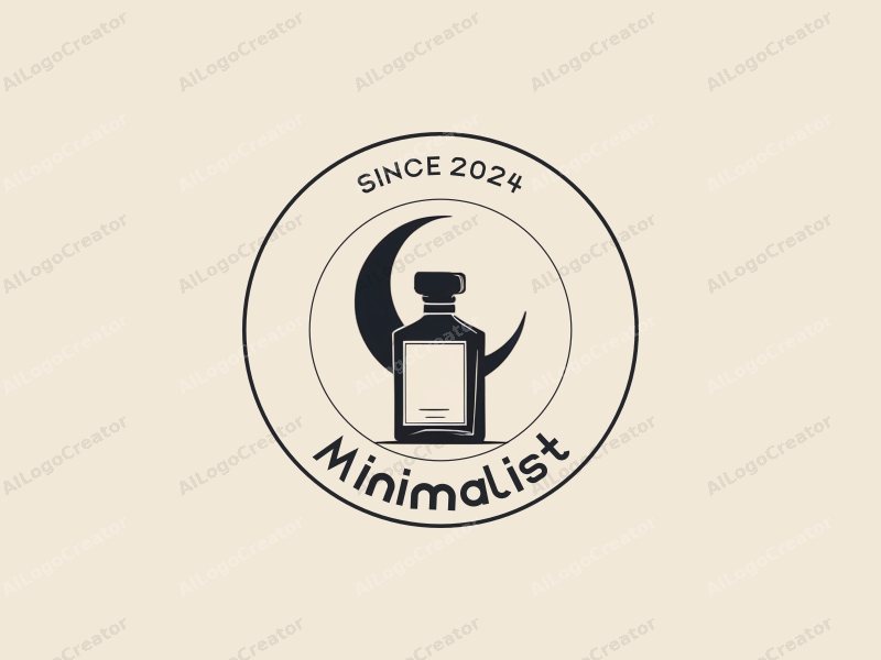 minimalist design features a stylized moon and a sleek perfume bottle, combined with a tag style approach and a clean background.