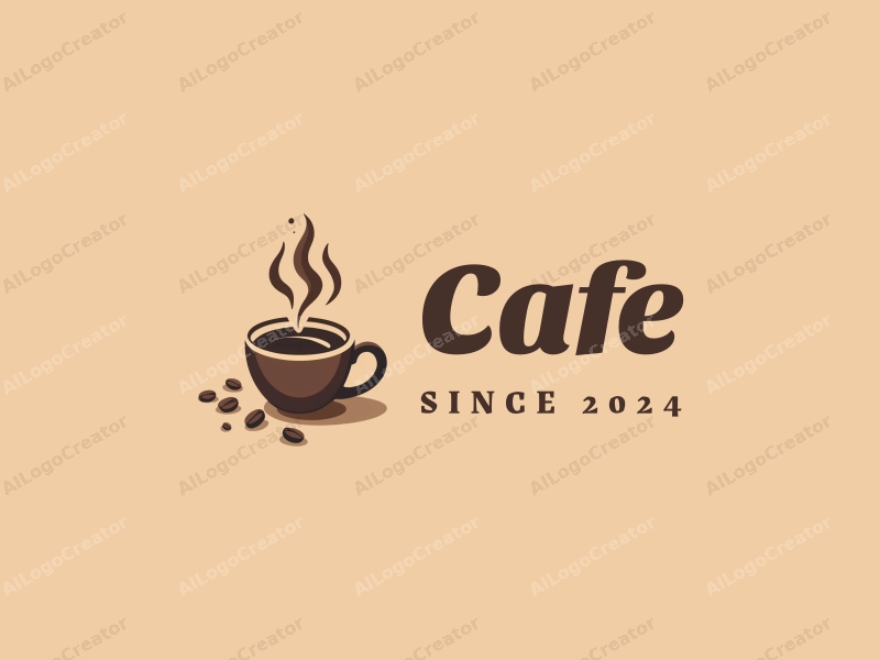 modern design features a stylized coffee cup, scattered coffee beans, and swirling steam, combined with a clean background.