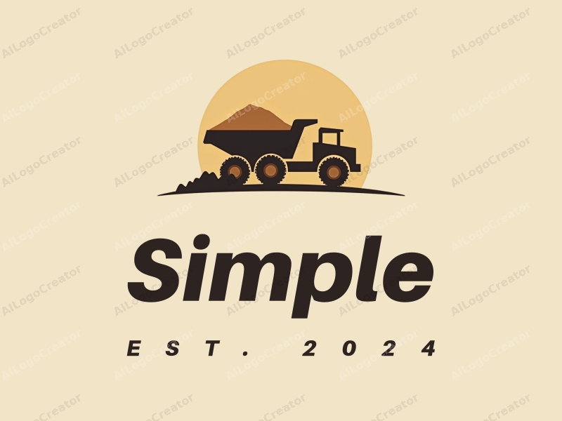 minimalist design features a stylized truck silhouette transporting sand, combined with a clean background and simple geometric shapes.