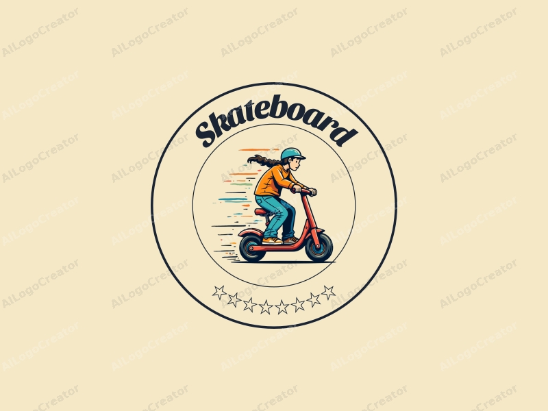 playful design features a vibrant skateboard and scooter in motion, with dynamic lines and shapes that convey energy and excitement, combined with a clean background.