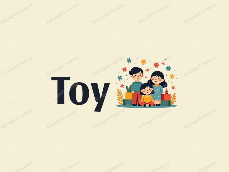 playful design features colorful dolls, stylized puzzles, and building blocks combined with a clean background.