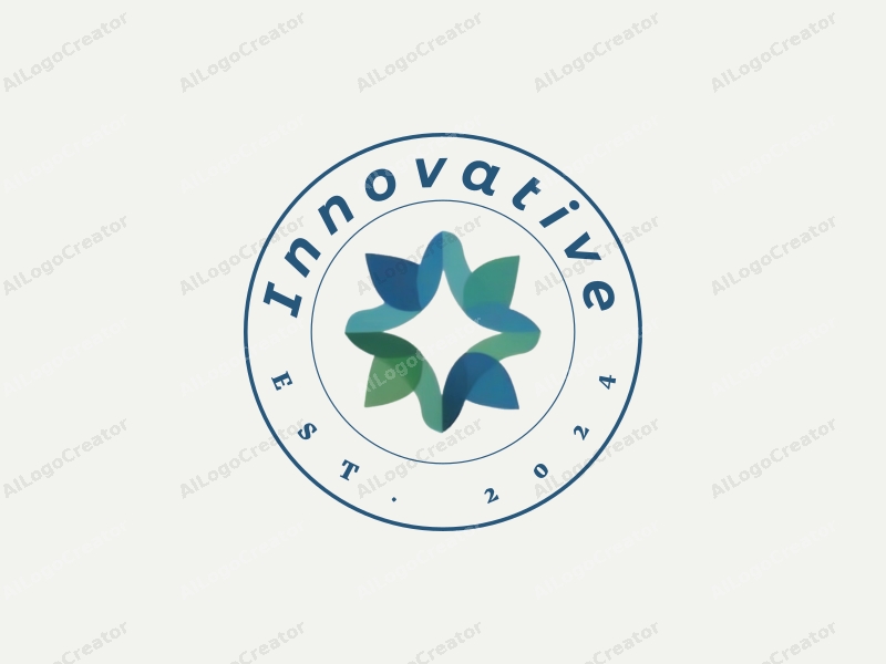 a modern minimalist design featuring abstract shapes representing innovation and the future, with a harmonious balance of blue and green colors, emphasizing brilliance and simplicity against a clean background.