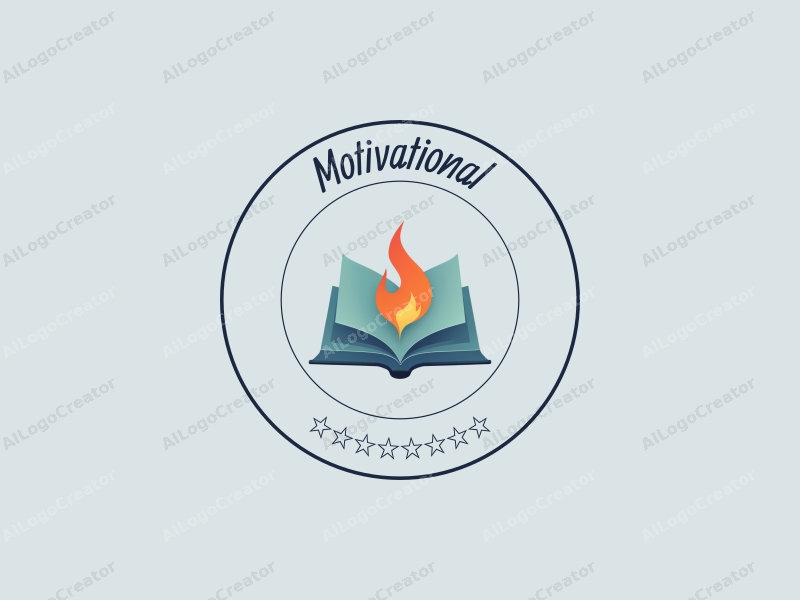 a modern minimalist design featuring a stylized book and a flame, representing motivation and inspiration, combined with a clean background in blue and green colors.