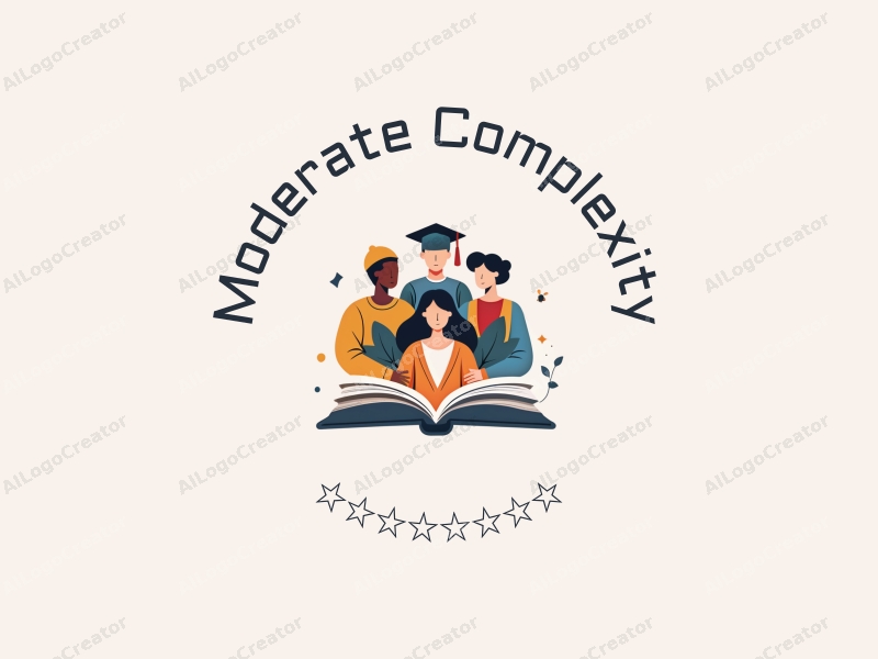 a modern design featuring a stylized team of diverse individuals, open books, and symbols of knowledge, combined with a clean background and a refined approach.