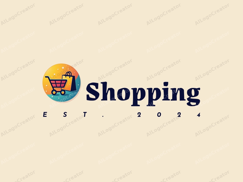 a modern design featuring a colorful shopping cart and shopping bag, combined with a vibrant mall background, emphasizing a clean and harmonious composition.