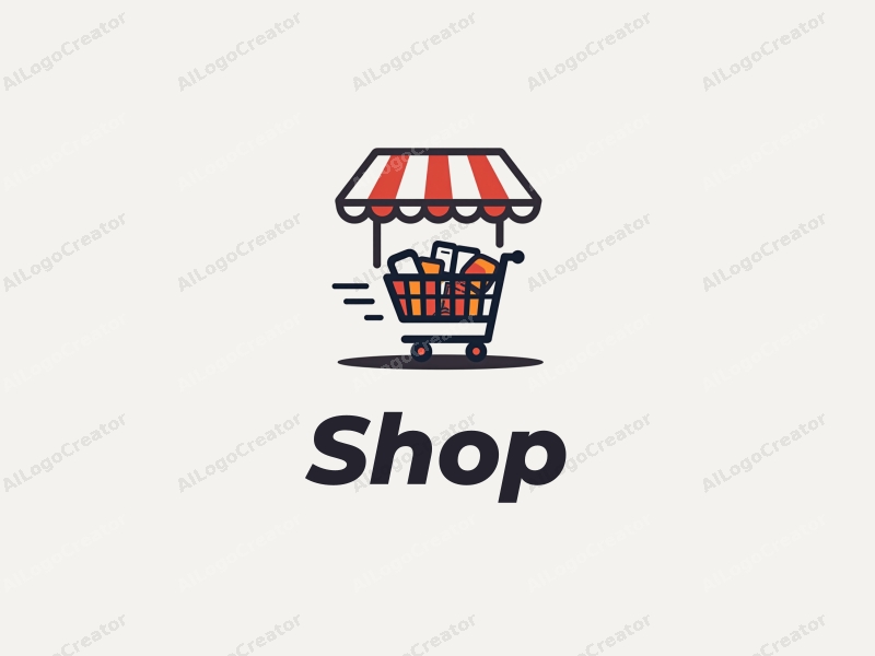 modern design features a stylized shop front, a shopping cart filled with products, combined with a clean background and a harmonious layout.