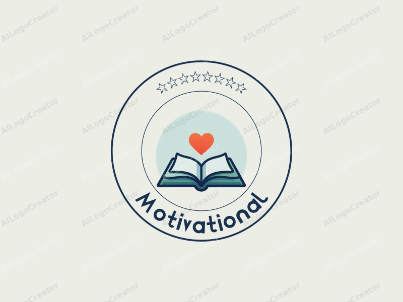 a modern minimalist design featuring an open book and a stylized heart, symbolizing motivation and encouragement, combined with a clean background in blue and green tones.