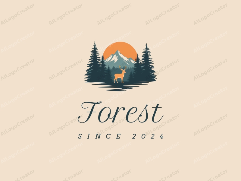 vintage design features stylized trees and mountains, a deer silhouette, combined with a clean background and harmonious composition.