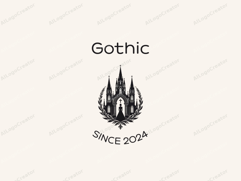 Gothic design features intricate Gothic architecture elements, stylized Gothic fashion silhouettes, a prominent cross, and a spire, combined with a clean background.