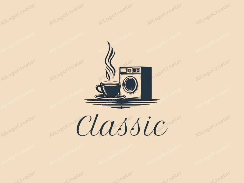 vintage design features a classic coffee cup and a traditional washing machine, combined with a harmonious layout and a clean background.