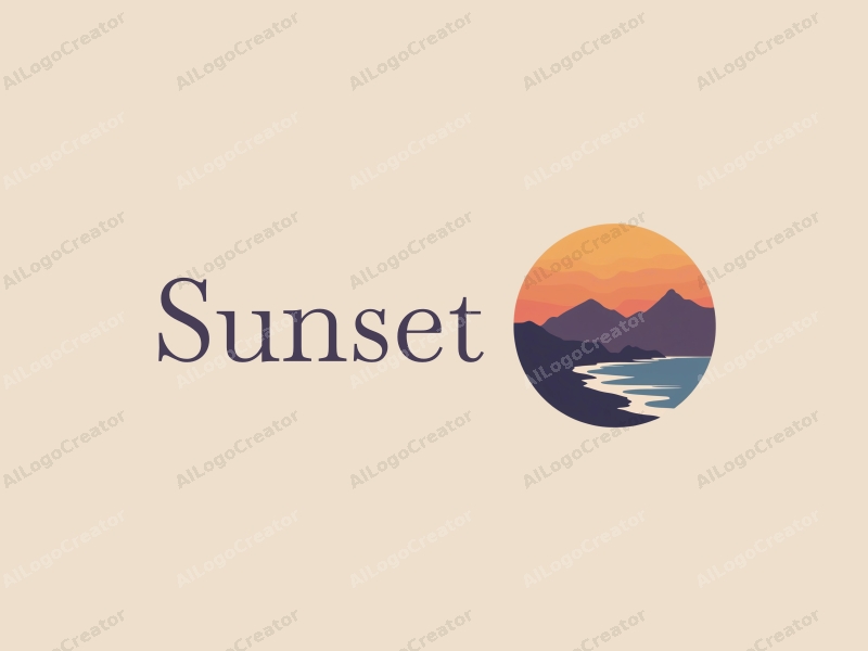 vintage design features a stylized sunset over a coastline with mountains in the background, using a harmonious blend of orange and purple colors, combined with a clean and simple layout.