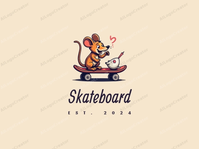 verspieltes Design mit einem lebhaften Skateboard und einer stilisierten Maus, kombiniert mit einem sauberen Hintergrund und einer lustigen, energetischen Komposition.