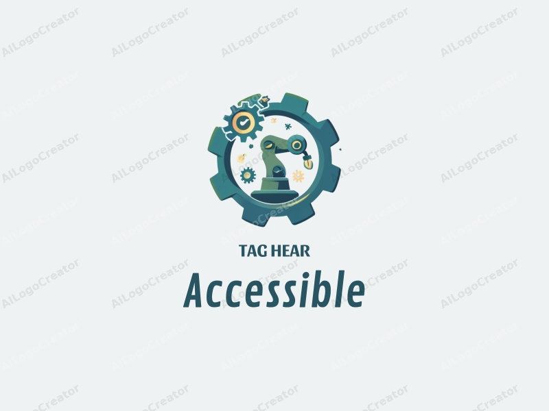 modern design features accessibility elements, inclusive design symbols, gears, and a robotic arm, combined with a clean background in blue and green tones.