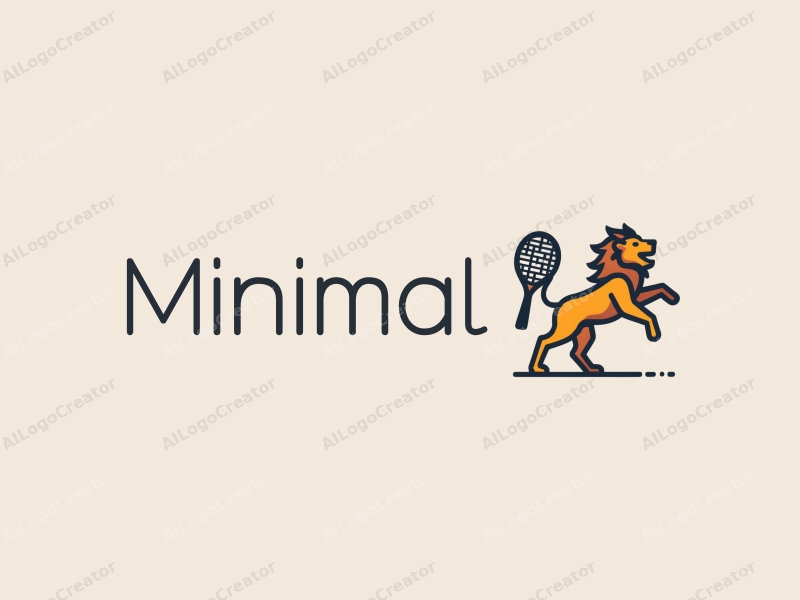 minimalist design features a stylized lion and a racket, combined with a clean background and a tag style approach.