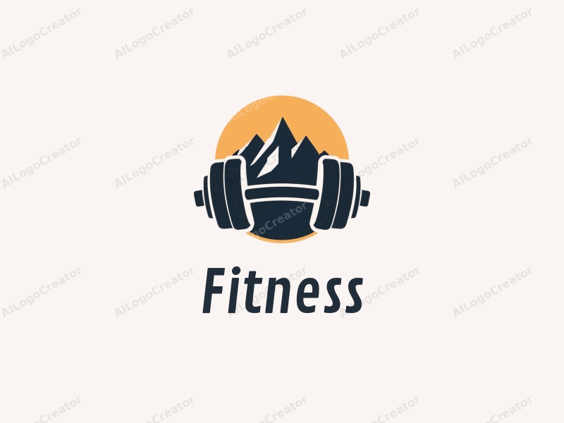 modern design features fitness elements like dumbbells and a stylized mountain silhouette, combined with a clean background and a focus on strength.