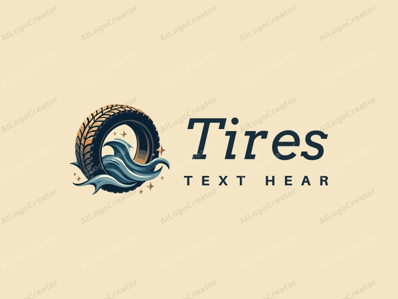 modern design features a stylized tire and car tire intertwined with stars and ocean waves, combined with a clean background.