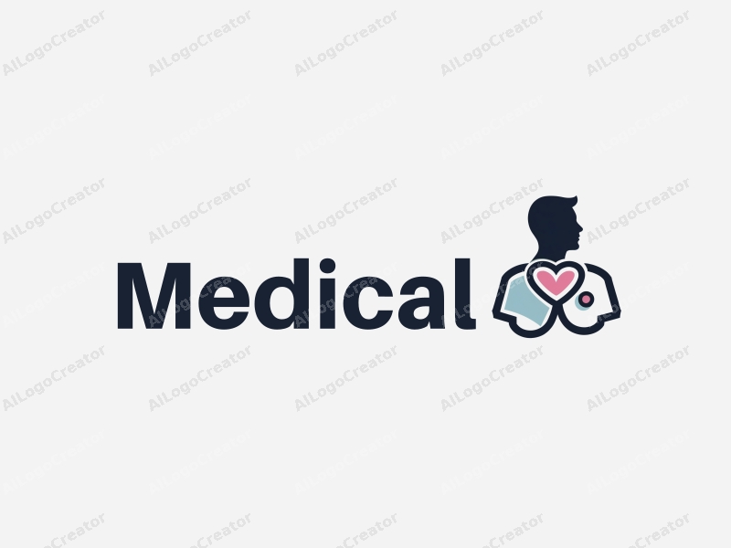 modern design features a stylized hospital silhouette, a doctor figure, a stethoscope intertwined with a heart, combined with a clean background.