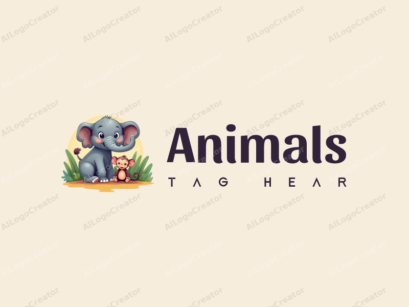 playful design features a baby elephant and a baby monkey in a vibrant, colorful setting, incorporating elements of wildlife and education, with a clean and harmonious composition.