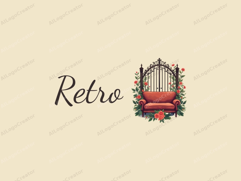 vintage design features a retro sofa, a retro poster, floral elements intertwined with a wrought iron gate, combined with a clean background.