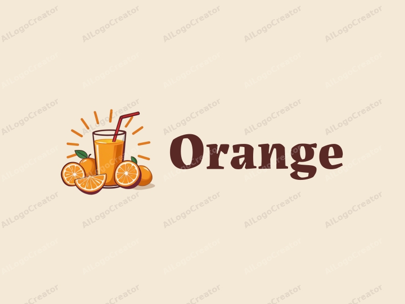 playful design features a vibrant orange, a stylized orange and juice splash, a cheerful drink cup, and sun rays, combined with a clean background.