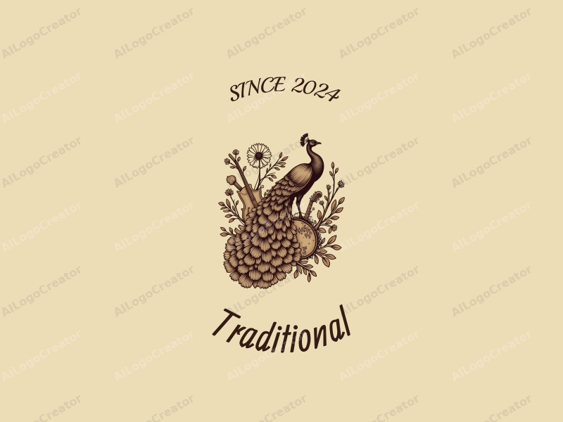 vintage design features a stylized peacock intertwined with classic musical instruments, using a warm brown and beige color palette, combined with a clean and harmonious background.