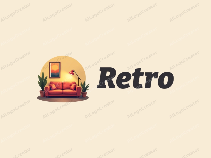 vintage design features a retro sofa and a retro poster, with sunlight illuminating the scene, combined with a clean background.