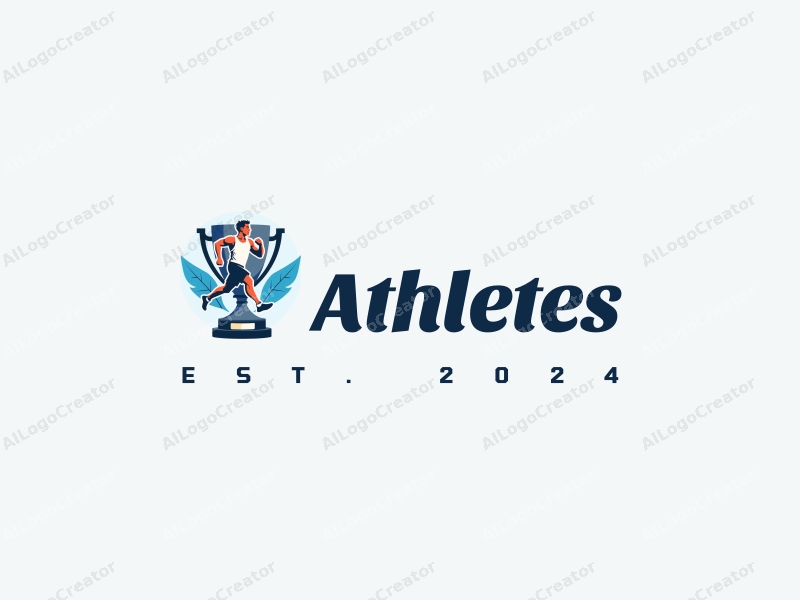 modern design features a stylized runner in motion, a trophy symbolizing victory, and a clean background with blue accents.