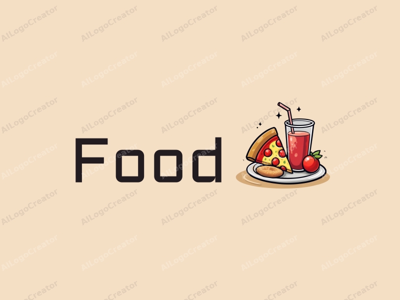 a modern design featuring a vibrant pizza slice and a refreshing beverage, combined with a clean background and a playful arrangement of food elements.