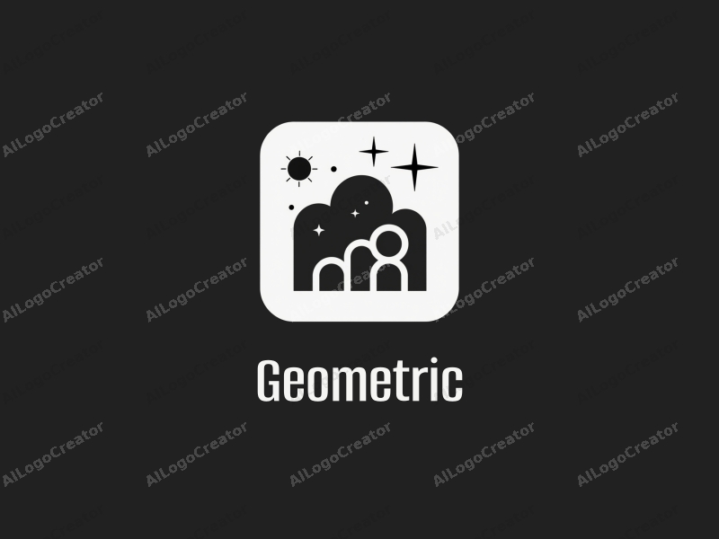 geometric design features a harmonious combination of squares and circles, stylized clouds and stars, with a clean black and white color scheme, creating a modern and minimalistic aesthetic.