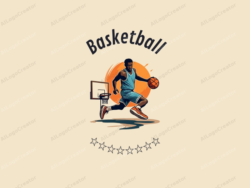 playful design features a dynamic athlete dribbling a basketball, a stylized basketball hoop in the background, and vibrant orange sneakers, combined with a clean and energetic layout.