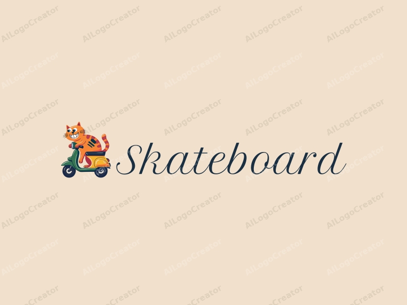 playful design features a colorful skateboard and scooter intertwined with a stylized cat, creating a fun and dynamic composition against a clean background.