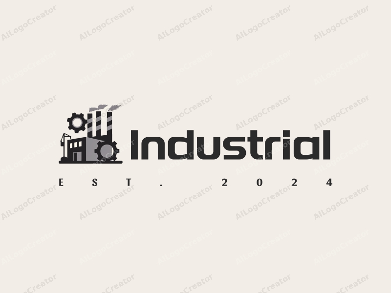 a modern minimalist design featuring a stylized factory silhouette, interlocking gears, and a crane, combined with a clean gray and black background.